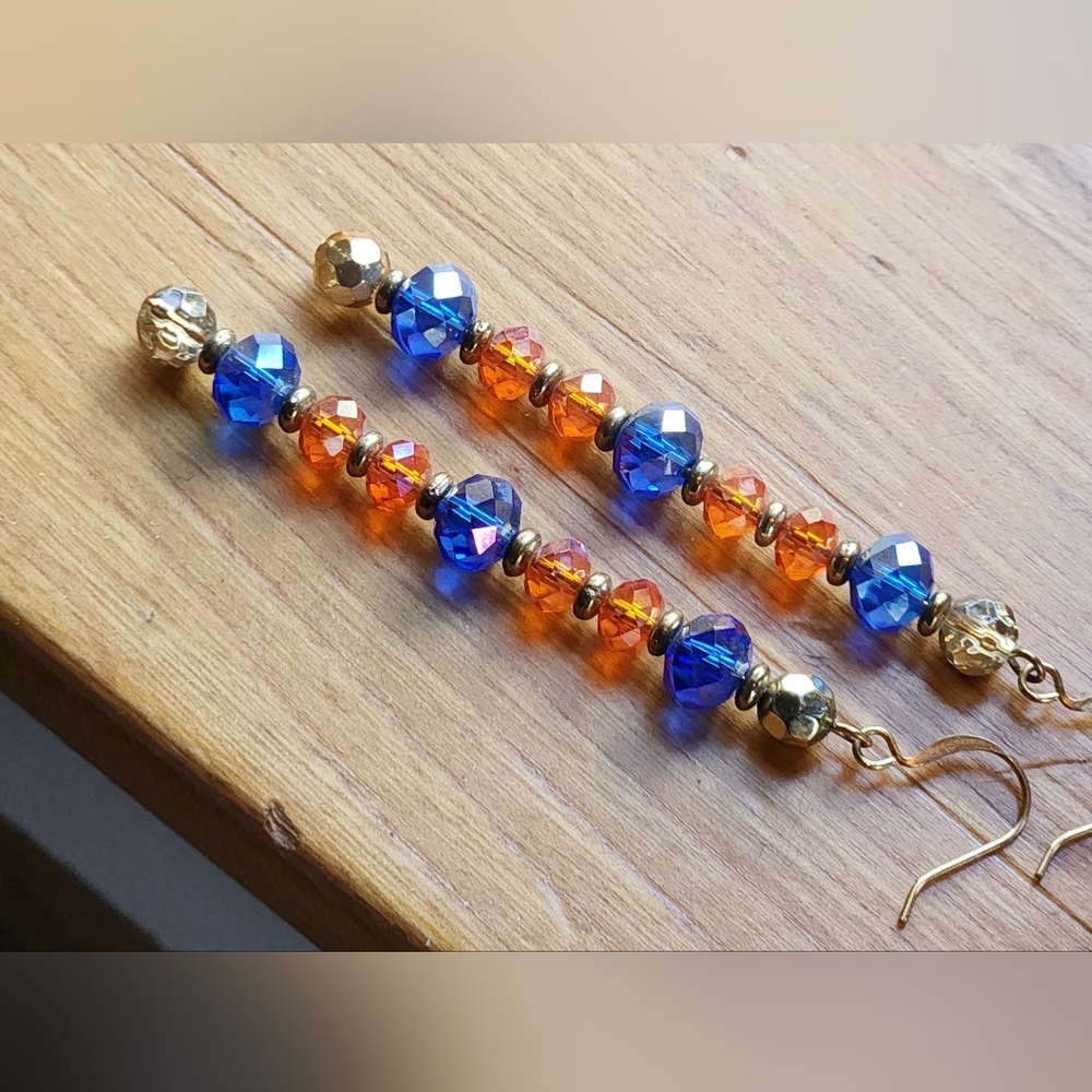 NEW Purple Orange Beaded Faceted Crystal Earrings Handmade Long Dangle OOAK Boho